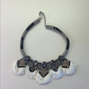 Statement Fringe Bib Necklace - Black and White